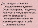 Для каждого из них на государственные деньги будет построено по одному корпусу, в них, в частности, смогут арендовать помещения компании, не желающие строить себе отдельные здания!