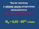 Число частиц в одном моль вещества называется числом Авогадро (NА). NА = 6,02 ∙1023 1/моль