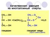 Качественная реакция на многоатомные спирты. СН2 – ОН СН2 – О Сu СН – ОН +Си(ОН2) СН – О +Н2О СН2 – ОН СН2 – ОН глицерин глицерат меди (ярко-синего цвета)