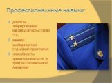 Профессиональные навыки: умелое оперирование законодательством РФ; знание особенностей судебной практики; способность ориентироваться в профессиональной иерархии