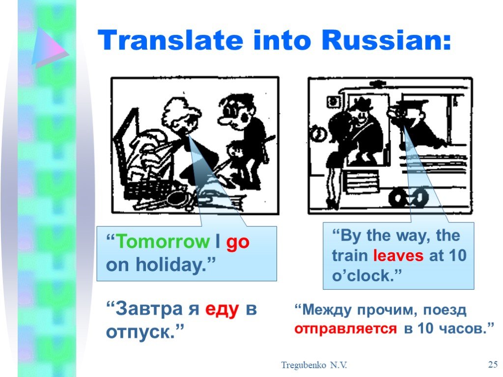 Go holiday tomorrow. Translate into Russian. Present simple the Train leaves at 6 o'Clock.