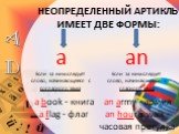 НЕОПРЕДЕЛЕННЫЙ АРТИКЛЬ ИМЕЕТ ДВЕ ФОРМЫ: a an. a book - книга a flag - флаг. an army - армия an hour's walk - часовая прогулка