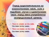 Перед существительными во множественном числе, если в подобном случае в единственном числе перед ними употребляется неопределенный артикль: There is a book on the table. На столе (есть) книга. There are books on the table. На столе (есть) книги.