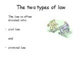 The two types of law. The law is often divided into: civil law and criminal law.