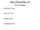 Main Branches of Civil Law. Contract law Law of tort Family law Company law.