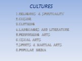 CULTURES. 1.Religions & spirituality 2.Cuisine 3.Clothing 4.Languages and Literature 5.Performing arts 6.Visual arts 7.Sports & martial arts 8.Popular media