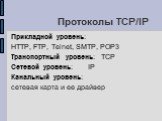 Протоколы TCP/IP. Прикладной уровень: HTTP, FTP, Telnet, SMTP, POP3 Транспортный уровень:	TCP Сетевой уровень: IP Канальный уровень: сетевая карта и ее драйвер