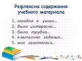 Рефлексия содержания учебного материала. 1. сегодня я узнал… 2. было интересно… 3. было трудно… 4. я выполнял задания… 5. мне захотелось…