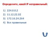 224.0.0.2 11.12.22.32 172.16.24.264 Все правильные. Определите, какой IP неправильный: