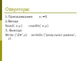 Операторы: 1.Присваивания x:=5 2.Ввода Read( x,y) readln( x,y) 3. Вывода Write (‘Z=‘,z) writeln (‘результат равен’, z)