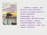 «Любовь к жизни» - это рассказ о мужественном человеке, который выстоял в таких страшных испытаниях, как одиночество, предательство друга и борьба с суровой северной природой. Самое главное - преодолел себя, свой страх, свою боль.