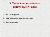 9. Удалось ли ему поймать первую рыбку? Как? а) да, ведерком, б) нет, уплыла меж камнями, в) да, руками.