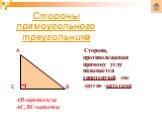 Стороны прямоугольного треугольника. Сторона, противолежащая прямому углу называется гипотенузой, две другие -катетами. АВ-гипотенуза АС,ВС-катеты