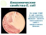 Биохимические свойства E. coli. На среде ЭНДО E. coli (лактозо-положительные) образуют колонии темно-красного цвета с металлическим блеском.