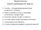 Закрепление. Какие утверждения верны. 1. Корень – специализированный орган почвенного питания. 2. Виды корневых систем: стержневая, мочковатая, придаточная. 3. Боковые корни отходят от главного. 4. Кончик корня покрыт корневым чехликом. 5. Корни дышат кислородом. 6. Корень моркови называют корневой 