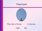 Your turn. The kite is flying _____ in the sky. high tall