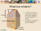 What is a volcano? A volcano is a vent or 'chimney' that connects molten rock (magma) from within the Earth’s crust to the Earth's surface. The volcano includes the surrounding cone of erupted material. vent cone magma chamber conduit