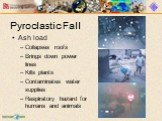 Pyroclastic Fall. Ash load Collapses roofs Brings down power lines Kills plants Contaminates water supplies Respiratory hazard for humans and animals