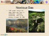 Noxious Gas. 1,700 people living in the valley below Lake Nyos in northwestern Cameroon mysteriously died on the evening of August 26, 1986.