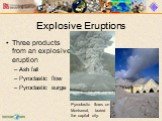 Three products from an explosive eruption Ash fall Pyroclastic flow Pyroclastic surge. Pyroclastic flows on Montserrat, buried the capital city.