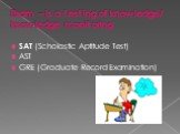 Exam – is a testing of knowledge/ knowledge monitoring. SAT (Scholastic Aptitude Test) AST GRE (Graduate Record Examination)