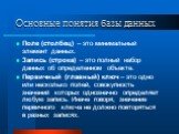 Основные понятия базы данных. Поле (столбец) – это минимальный элемент данных. Запись (строка) – это полный набор данных об определенном объекте. Первичный (главный) ключ – это одно или несколько полей, совокупность значений которых однозначно определяет любую запись. Иначе говоря, значение первично