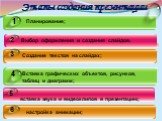 Этапы создания презентации. Планирование; Выбор оформления и создания слайдов; Создание текстов на слайдах; Вставка графических объектов, рисунков, таблиц и диаграмм; вставка звука и видеоклипов в презентацию; настройка анимации;