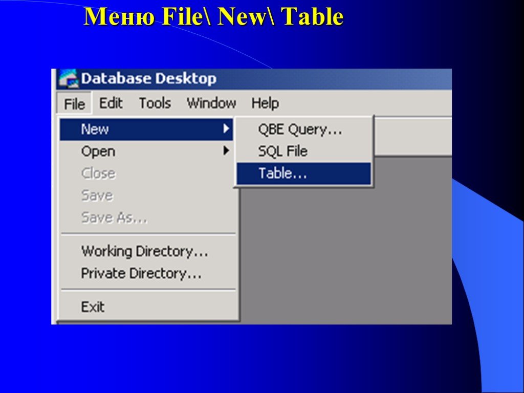 New file data. DELPHI слайд. База данных в Делфи. Database desktop. New Table.