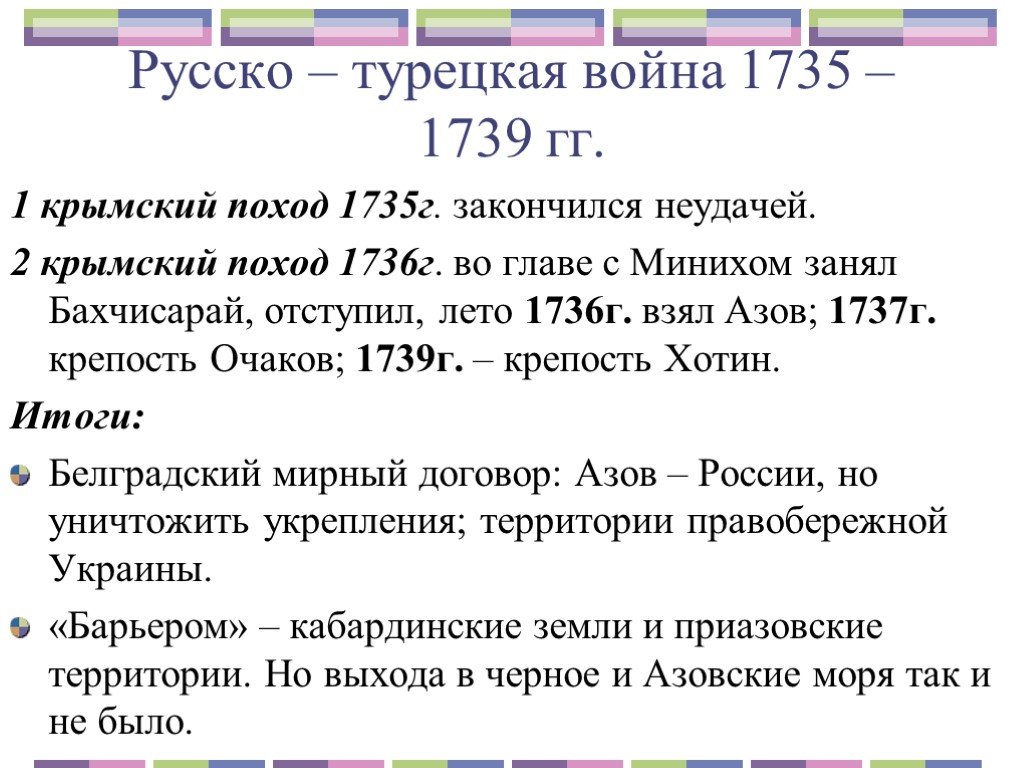 Русско турецкая 1735 1739 кратко. Причины русско-турецкой войны 1735-1739.