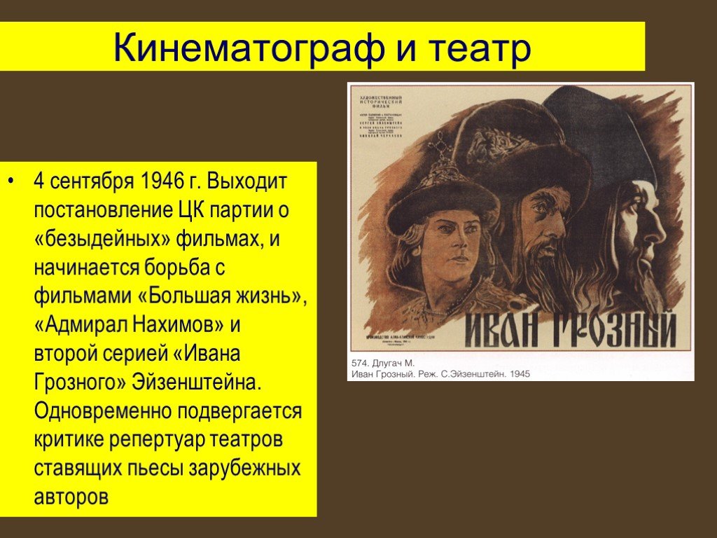 Произведения подвергшиеся критике. Кинематограф в послевоенные годы 1945-1953. Театр в послевоенные годы в СССР.