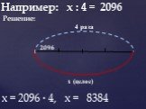 Например: х : 4 = 2096 Решение: 4 раза 2096 х = 2096 · 4, х = 8384