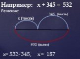 Например: х + 345 = 532 Решение: 345 (часть) 532 (целое) х= 532- 345, х = 187