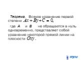 Теорема. Всякое уравнение первой степени где А и В не обращаются в нуль одновременно, представляет собой уравнение некоторой прямой линии на плоскости