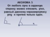 АКСИОМА 3 От любого луча в заданную сторону можно отложить угол, равный данному неразвернутому углу, и притом только один.
