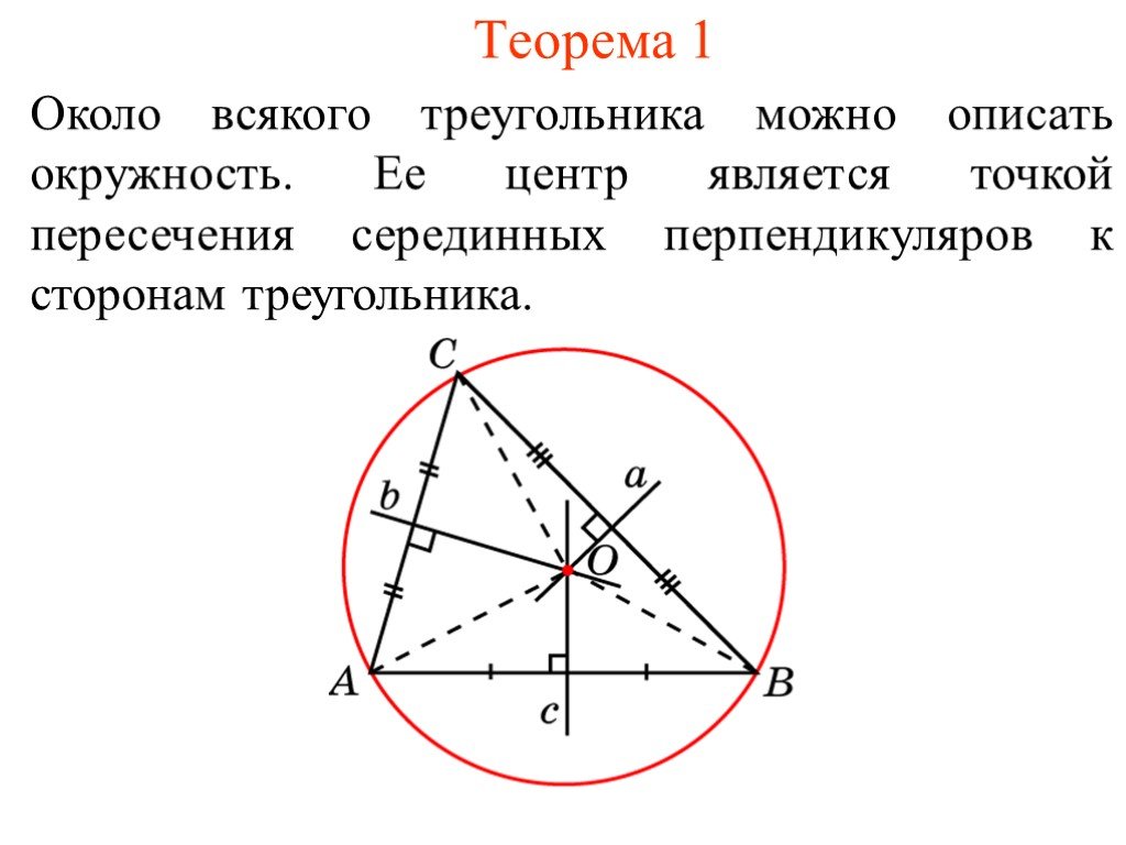 Известно что точка пересечения серединных перпендикуляров. Существование окружности описанной около треугольника. Точка пересечения серединных перпендикуляров в описанной окружности. Точка пересечения серединных перпендикуляров к сторонам. Теорема об окружности описанной около треугольника.