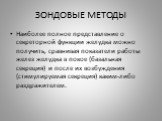 ЗОНДОВЫЕ МЕТОДЫ. Наиболее полное представление о секреторной функции желудка можно получить, сравнивая показатели работы желез желудка в покое (базальная секреция) и после их возбуждения (стимулируемая секреция) каким-либо раздражителем.