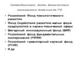 Грантообразующие фонды, финансирующие инновационную деятельность РФ. Российский Фонд технологического развития Фонд Содействия развитию малых форм предприятий в научно-технической сфере Венчурный инновационный фонд (ВИФ) Российский фонд фундаментальных исследований (РФФИ) Российский гуманитарный нау