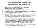 Этапы формирования национальной инновационной системы России. август 2000г. «совет по науке и высоким технологиям при президенте». 8 ноября 2001г. Был создан этот совет. 3 декабря 2001г. Необходим переход от сырьевой экономике к инновационной. декабрь 2001г. Министерство промышленности науки и техно