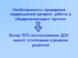 Необходимость проведения коррекционно-речевой работы в общеразвивающих группах Более 50% воспитанников ДОУ имеют отклонения в речевом развитии