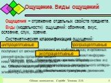 Ощущение. Виды ощущений. Ощущения – отражение отдельных свойств предмета. Виды (модальности) ощущений: обоняние, вкус, осязание, слух, зрение. Систематическая классификация ощущений: интроцептивные. поступают от сигналов из внут-ренней среды организма: кишеч-ника, желудка, кровеносной систе-мы. Обес