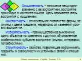 Осмысленность – понимание вещи одно-	временно с ее восприятием, восприятие происходит в контексте смысла. Здесь отражается связь восприятия с мышлением. Константность – относительное постоянство формы, ве-личины и цвета предмета, независимо от изменений усло-вий восприятия. Избирательность – преимущ