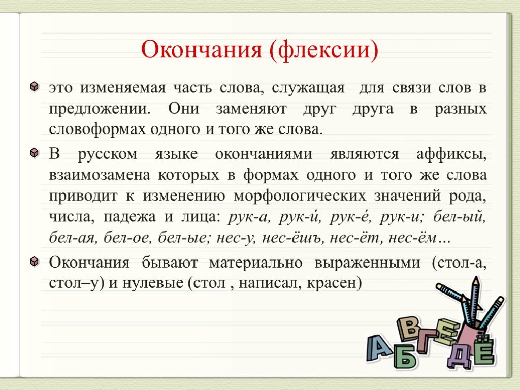 Морфема служащая для образования новых слов. Флексия окончание. Флексия это в русском языке. Флексия это в русском языке примеры. Флексии глаголов.