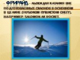 - Фрирайд – лыжи для катания вне подготовленных склонов в основном в целине (глубоком пушистом снегу), например, Salomon AK Rocket.