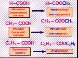 H–COOH H–COOCH3 CH3– COOH C2H5 – COOH CH3 – COOCH3 C2H5 – COOC2H5. Метановая (муравьиная) кислота. Метилметанат (метилформиат). Этановая (уксусная) кислота. Пропановая кислота. Метилэтанат (метилацетат). Этилпропанат