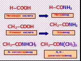H–CONH2 CH3–COOH CH3–CONH2. Метановая кислота. Метанамид Этановая кислота Этанамид CH3–CONHCH3 N- метилэтанамид CH3–CON(CH3)2. N, N - диметилэтанамид