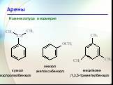 кумол (изопропилбензол). анизол (метоксибензол). мезителен (1,3,5-триметилбензол)