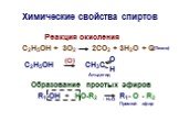 Химические свойства спиртов. Реакция окисления С2Н5ОН + 3О2 2СО2 + 3Н2О + Q С2Н5ОН CH3C Образование простых эфиров R1-OH + HO-R2 R1- O - R2. - H2O (O) O H Альдегид Простой эфир (Тепло)