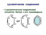 Ароматические соединения. К ароматическим соединениям относятся бензол и его производные: СН СН СН СН СН СН СН СН СН СН СН СН