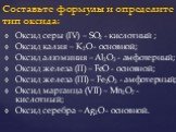 Оксид серы (IV) – SO2 - кислотный ; Оксид калия – K2O - основной; Оксид алюминия – Al2O3 - амфотерный; Оксид железа (II) – FeO - основной; Оксид железа (III) – Fe2O3 - амфотерный; Оксид марганца (VII) – Mn2O7 - кислотный; Оксид серебра – Ag2O - основной.