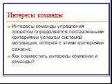 Интересы команды. Интересы команды управления проектом определяются поставленными критериями успеха и системой мотивации, которая с этими критериями связана. Как совместить интересы компании и команды?